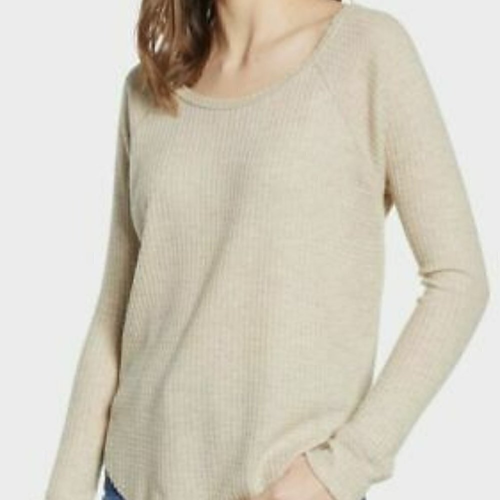 Project Social T PST Womens Sz XS Thermal Top Long Sleeve Crewneck Beige Oatmeal